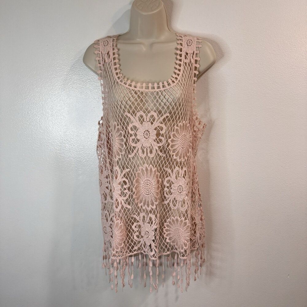 Fever Shirt Tank Top Tunic L Crochet Floral Open Knit Fringe Pink Boho Festival